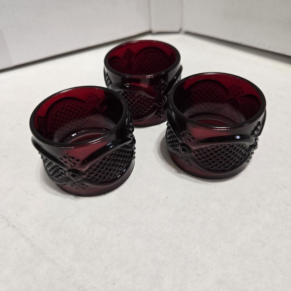 Vintage Avon 1876 Cape Cod Ruby Red Glass Napkin Rings Set of 3